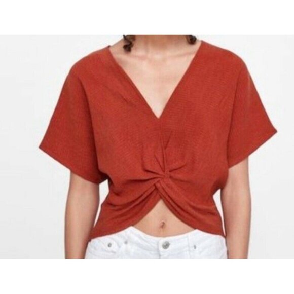 Zara Shirt Women's Medium Twist Front Burnt Orange Deep Vneck Top Scrunched - Picture 1 of 6